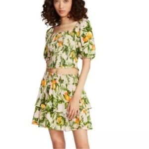 Luv Betsey Womens Size S Smocked Short Sleeve Top & Skirt Lemon Print Pink NWT